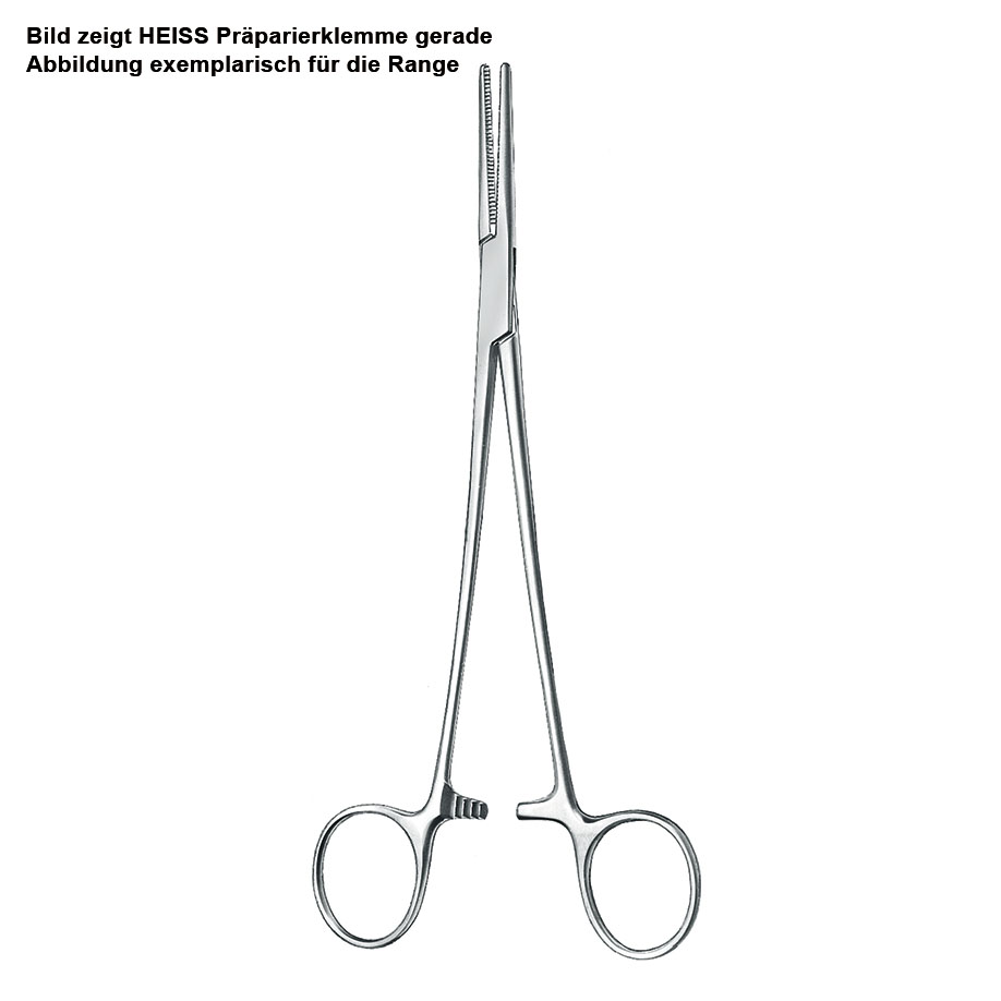 HEISS Präparierklemme, stark gebogen, 20 cm lang