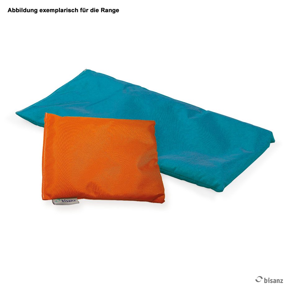 Cherry pit pillow with turquoise nylon cover, 20 x 20 cm