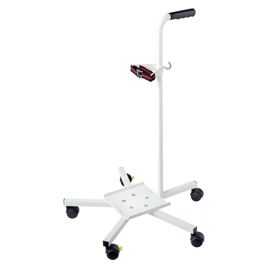 Oxygen cylinder stand, white, with lashing strap for 10l oxygen bottles