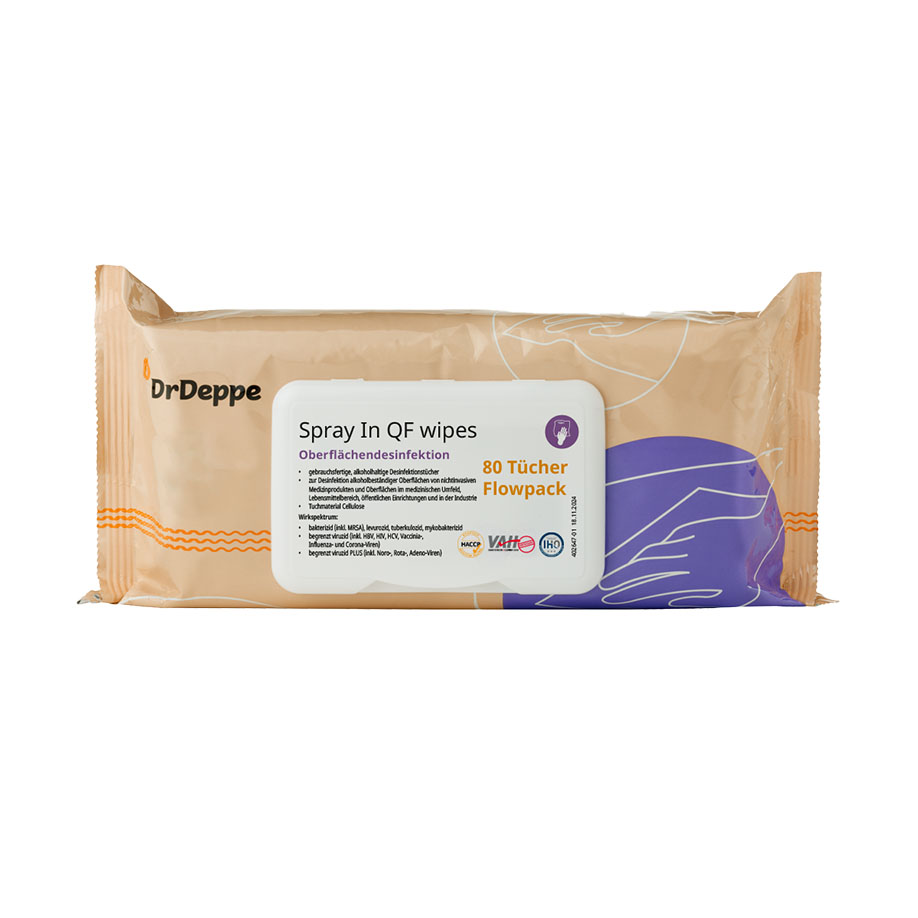 Spray In QFwipes (80 Tücher) Flowpack (mit LID) Flächendesinfektion, alkoholhaltig