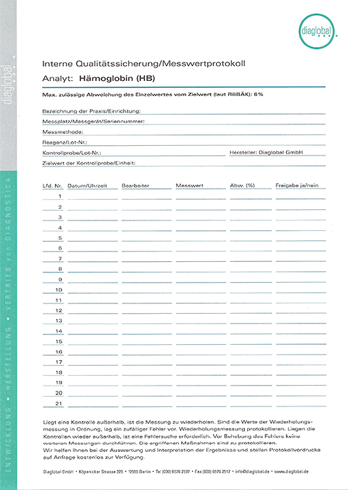 Protokollvordruck für Hämoglobin